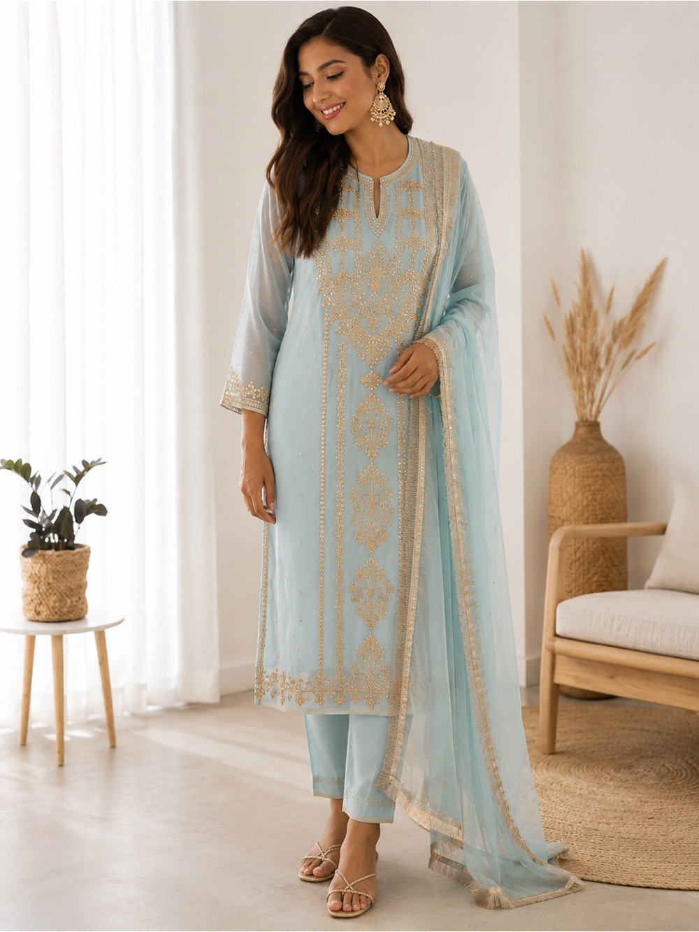 Faux georgette Kurti, pant and dupatta set embroidered with foil work